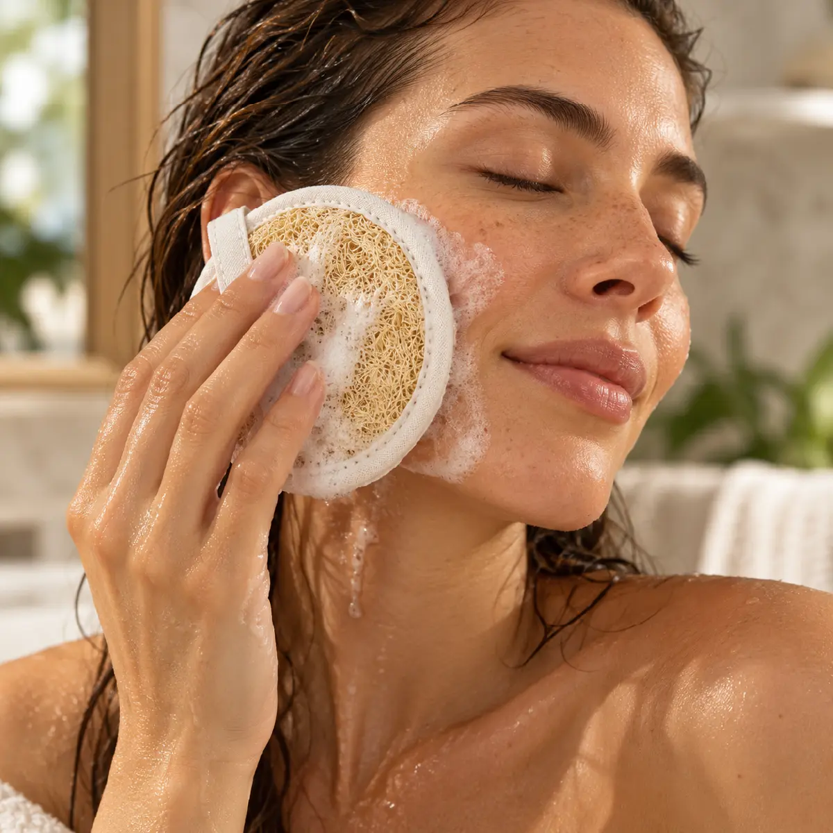 Mujer limpiándose el rostro con la Esponja Vegetal Facial WEMBÉ